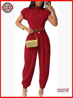 Women's 2 Piece Set: Mock Neck Crop Top & Palazzo Pants Travel Outfit